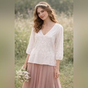 Love Sam Elegant Off-White Cream Embroidered Top Blouse Small 100% Cotton Boho